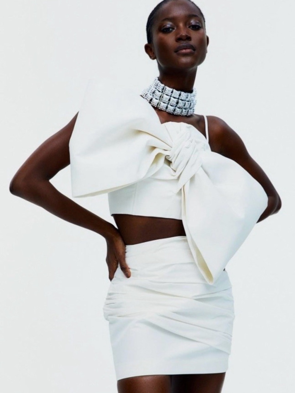 H&M Ivory Bow-Detail Crop Top & Mini Skirt Set